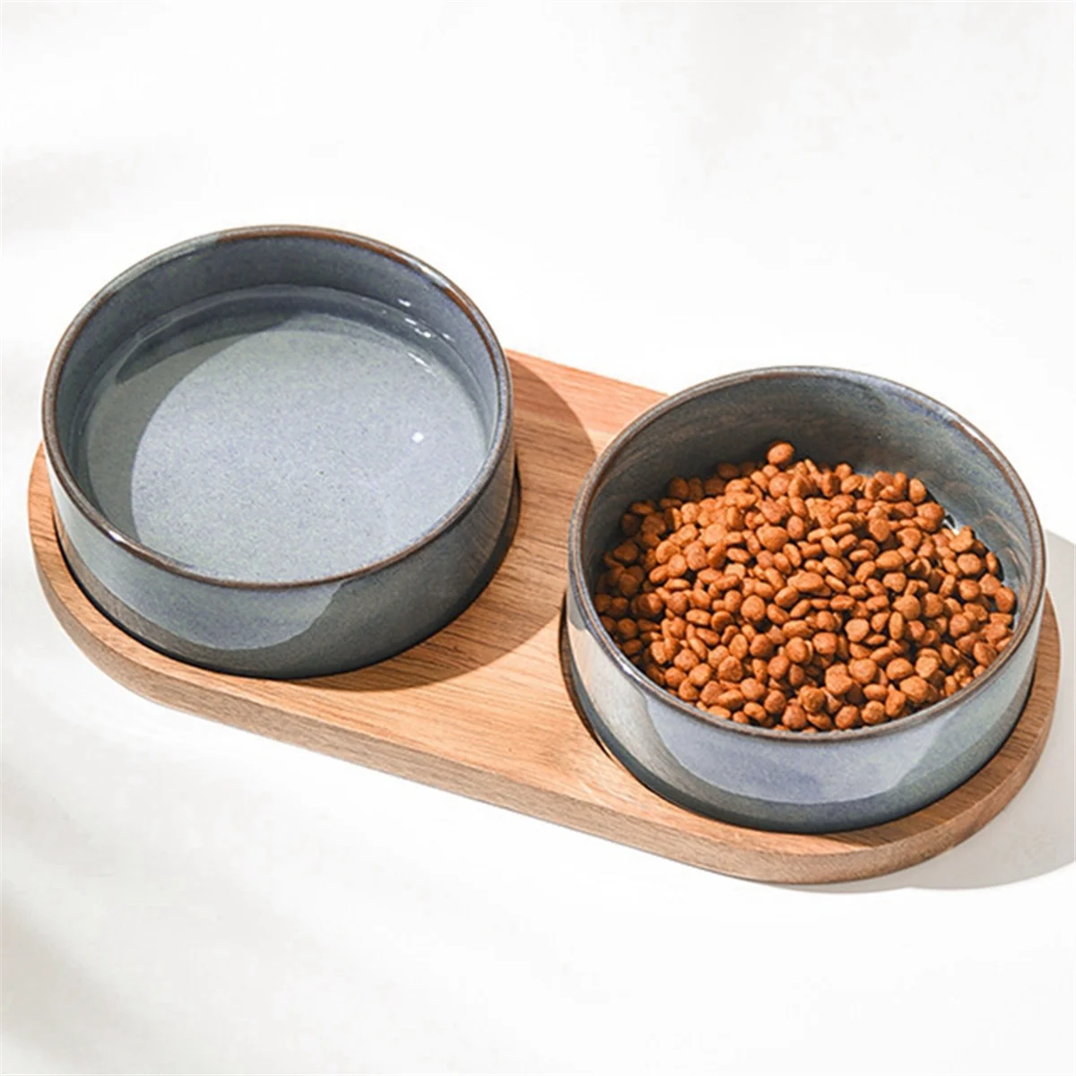 Ceramic Cat Bowl with Neck Protective Collar Anti-Collision Wooden Tray