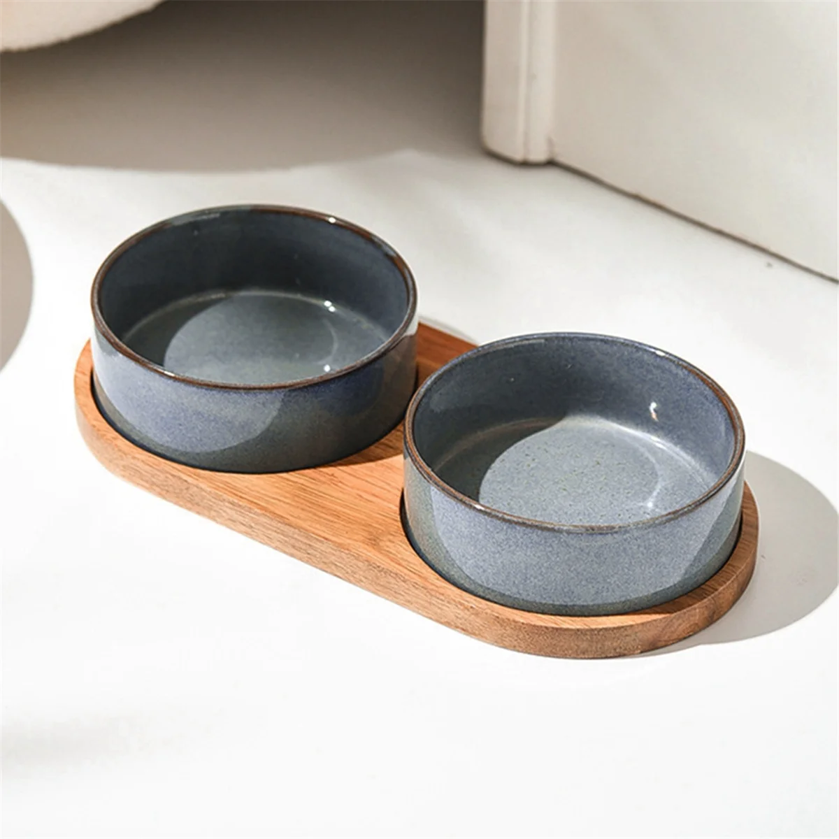 Ceramic Cat Bowl with Neck Protective Collar Anti-Collision Wooden Tray