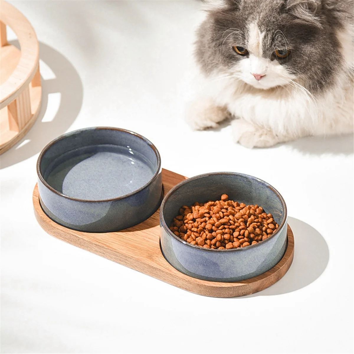 Ceramic Cat Bowl with Neck Protective Collar Anti-Collision Wooden Tray